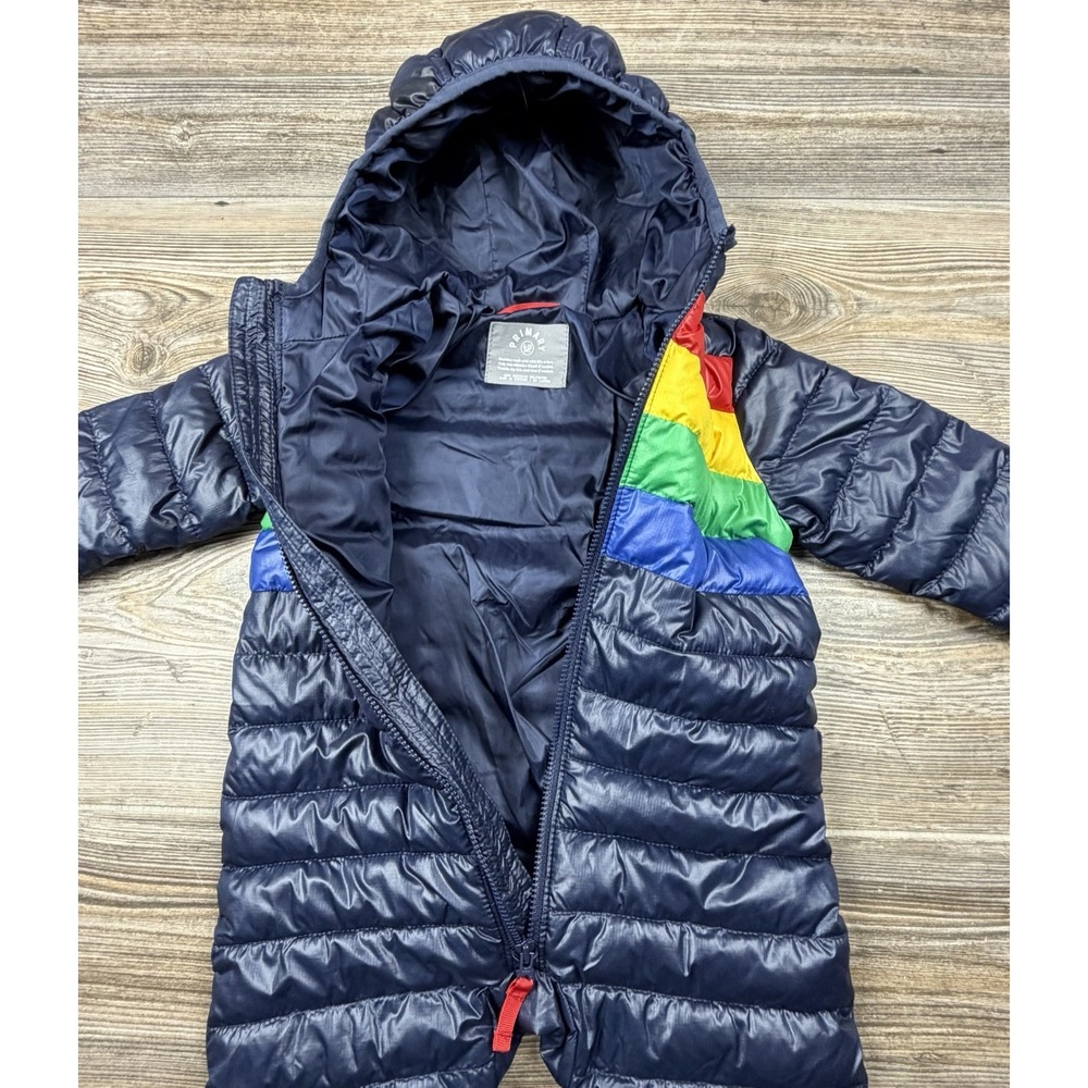 Primary Navy & Rainbow Striped Hooded Puffer Snowsuit 6-12 Months Lightweight - Picture 3 of 12
